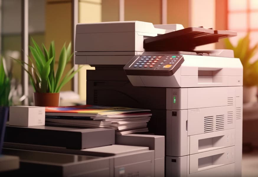 A printer machine with a stack of printed documents on the tray.