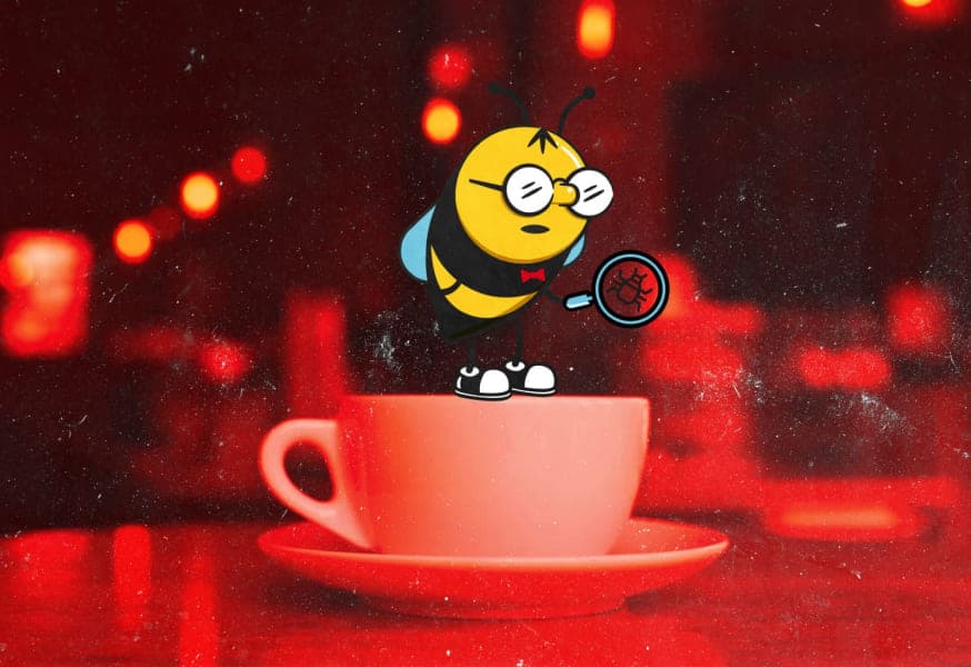 animated bee with glasses holding a magnifying glass, standing on top of a coffee cup