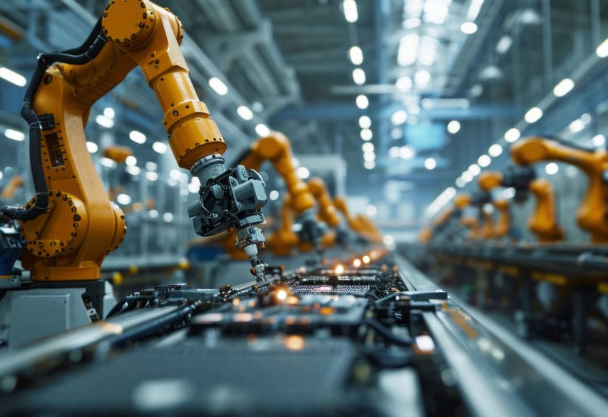 Robots on an assembly line in a manufacturing plant