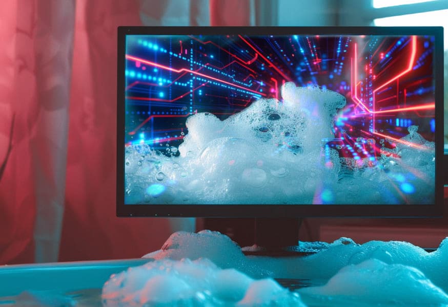 A monitor in a bubble bath with a digital circuitboard on the display