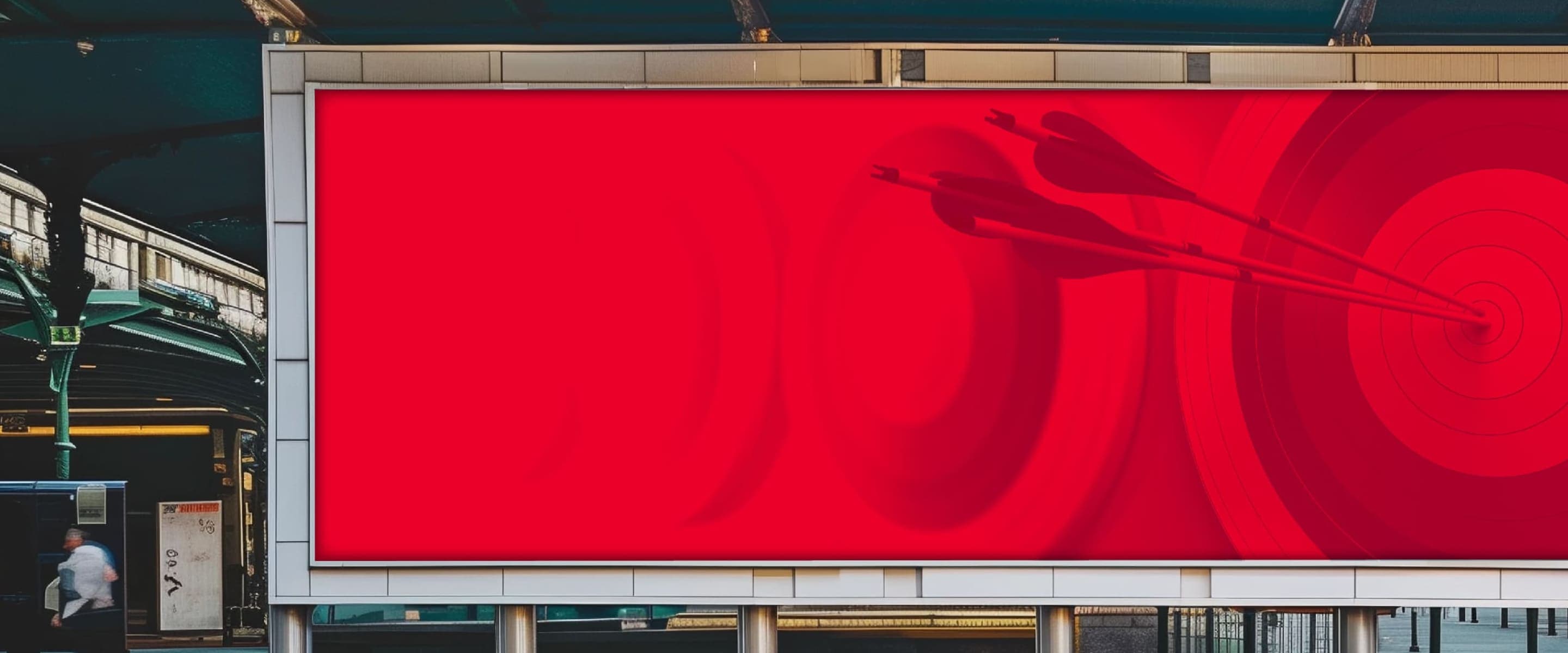 A red billboard with a opaque bullseye target and 3 arrows in the center